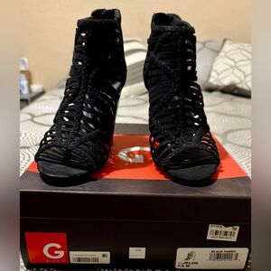 G by Guess “Jelus” Black Strappy Open-Toe Heeled Booties | 7.5 | 4” Heel